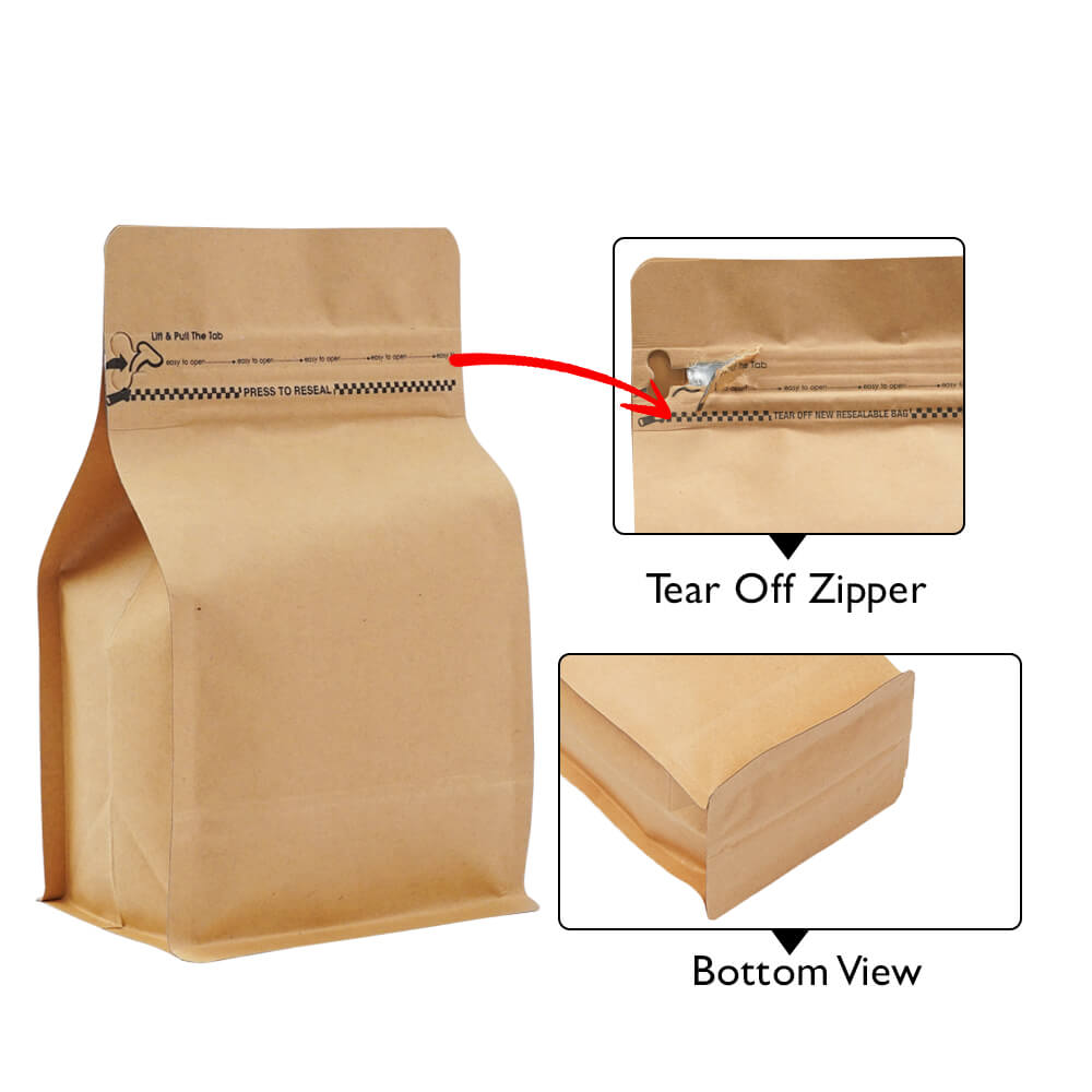 Brown Paper Flat Bottom Pouches Tear Off Zipper