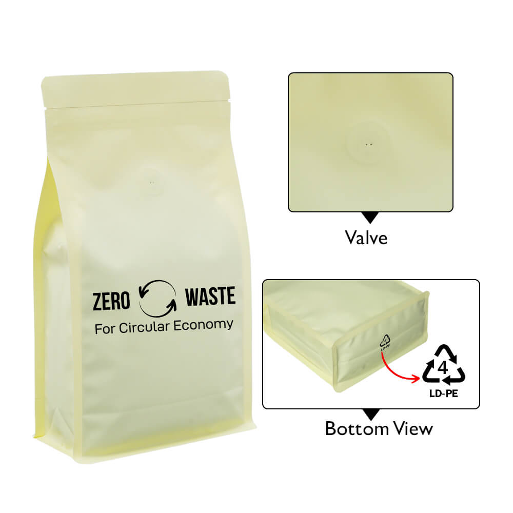 Fresh Yellow Recyclable Flat Bottom Pouch Normal Zipper With Valve