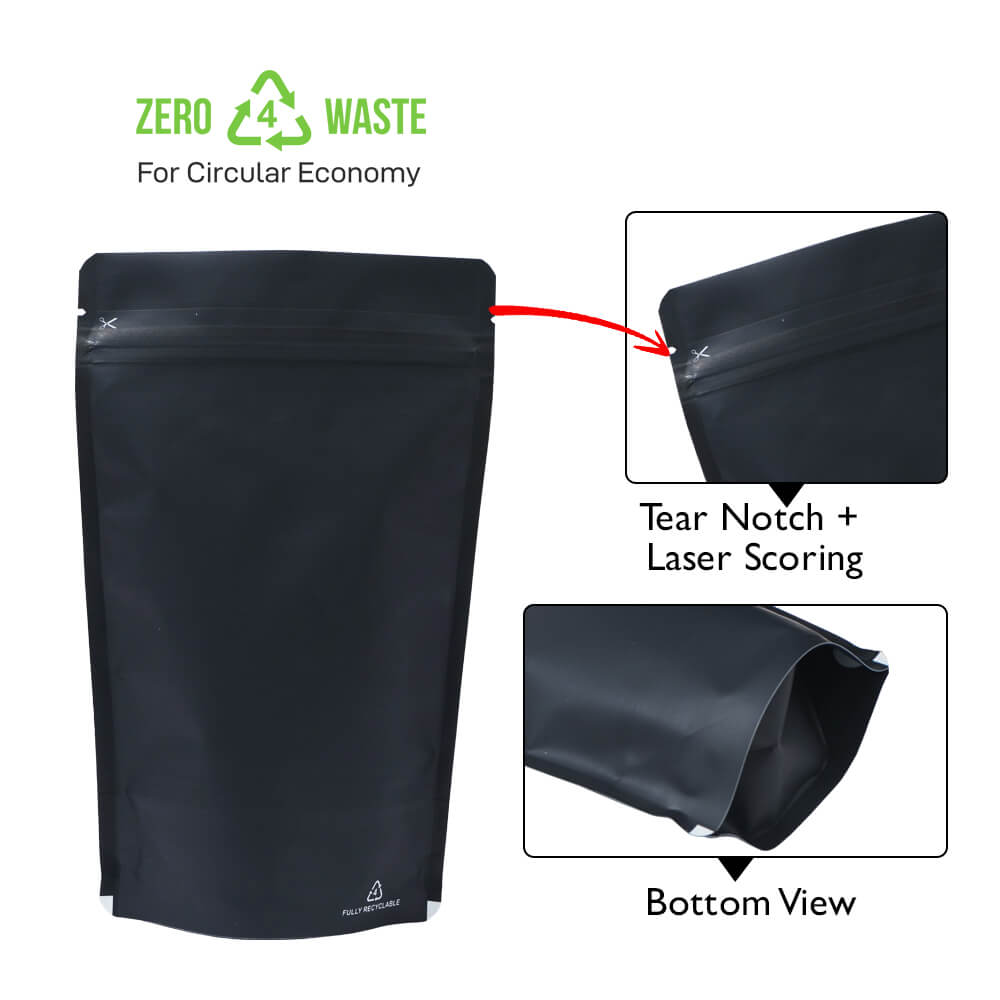 Matt Black Recyclable Stand Up Pouches Regular Size