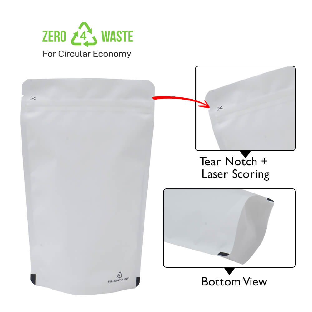 Matt White Recyclable Stand Up Pouches Regular Size