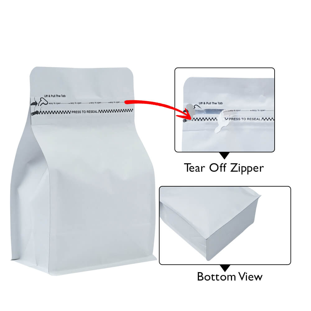 White Paper Flat Bottom Pouches Tear Off Zipper